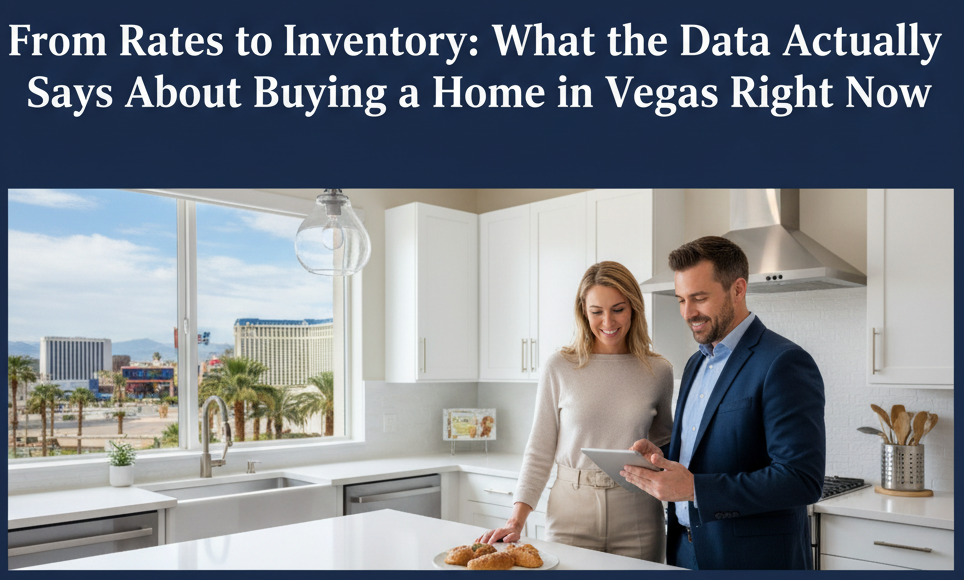 A happy couple researches buying a home in Las Vegas, reviewing market data on a tablet inside a modern kitchen with a view of the city skyline.