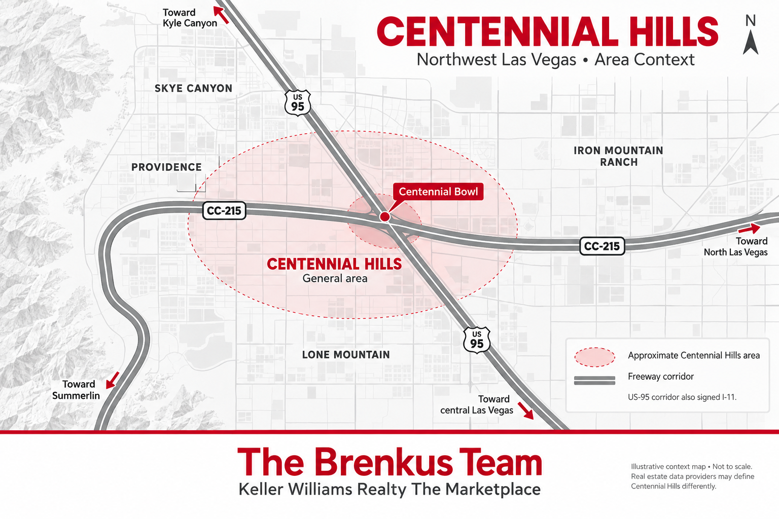 Centennial Hills / northwest Las Vegas neighborhood map showing the general relationship between Centennial Hills, US-95, CC-215, and nearby northwest Las Vegas development