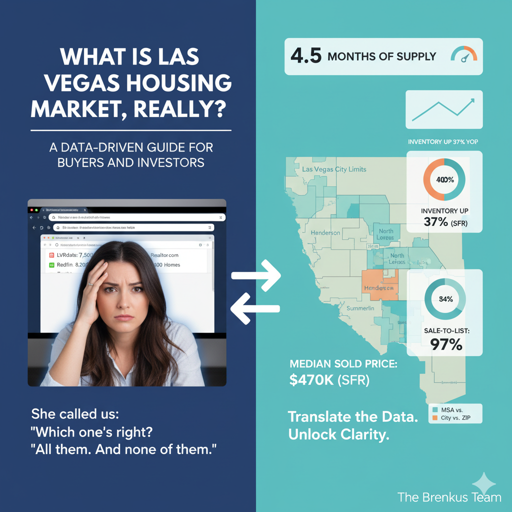 Infographic explaining the 2025 Las Vegas housing market with 4.5 months of supply, 37% inventory increase, 97% sale-to-list ratio, and $470K median price