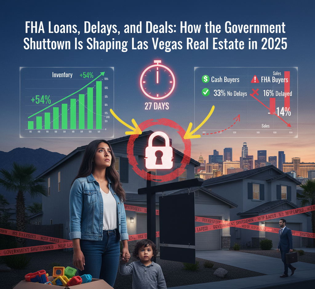 Illustration of the two-tiered Las Vegas real estate market during the 2025 government shutdown, showing a family with a delayed FHA loan locked out of a home while a cash buyer benefits