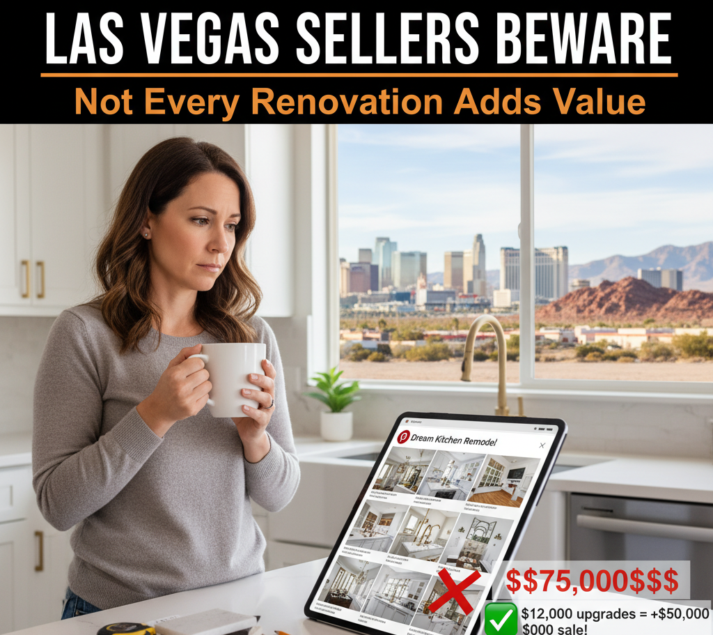 A  Las Vegas seller considers home renovation ROI for a 2025 sale. The image contrasts a costly kitchen remodel with smart, high-ROI upgrades that add value before selling.
