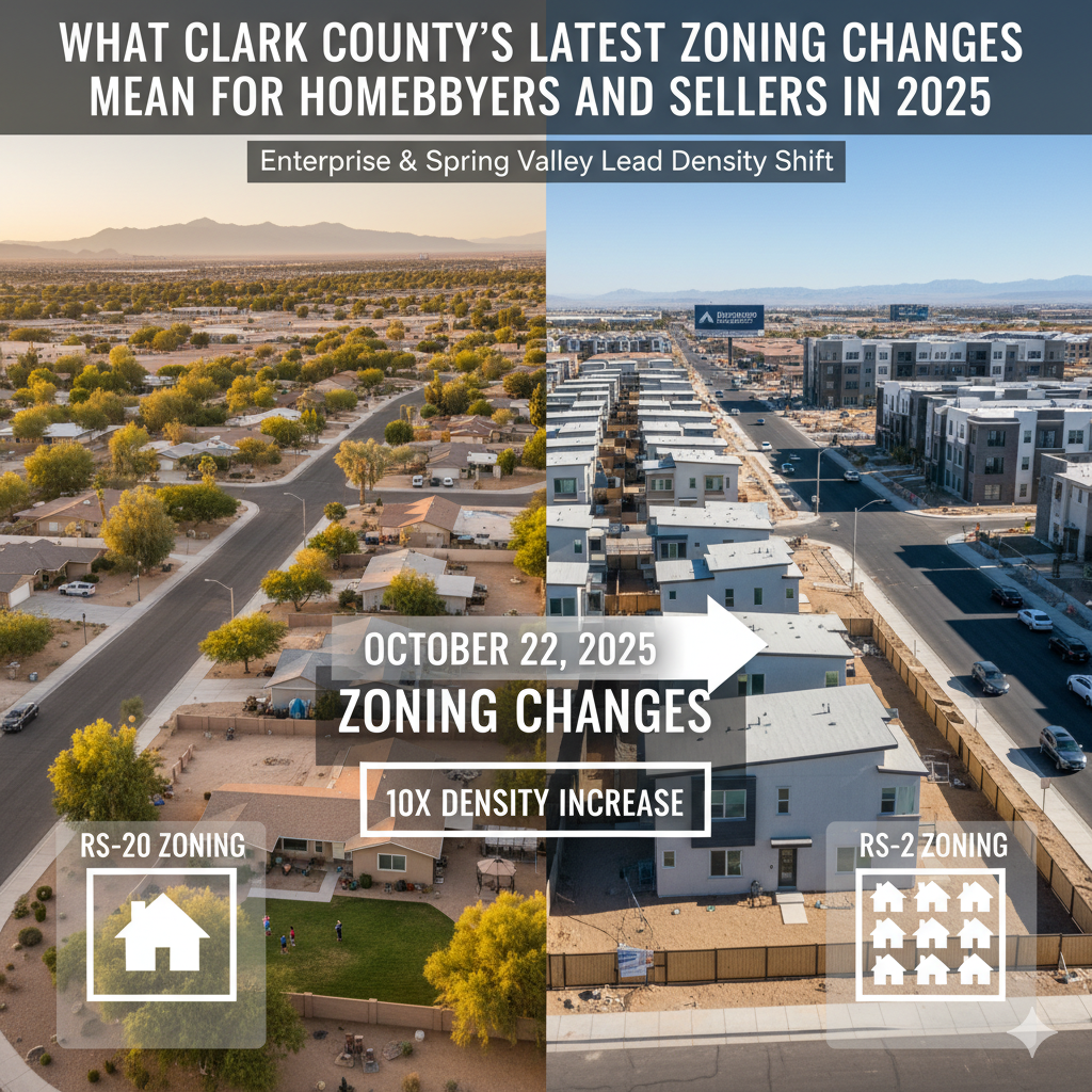 Clark County 2025 zoning changes visual comparing RS-20 large-lot neighborhoods with new RS-2 compact housing in Enterprise and Spring Valley showing 10x density increase.