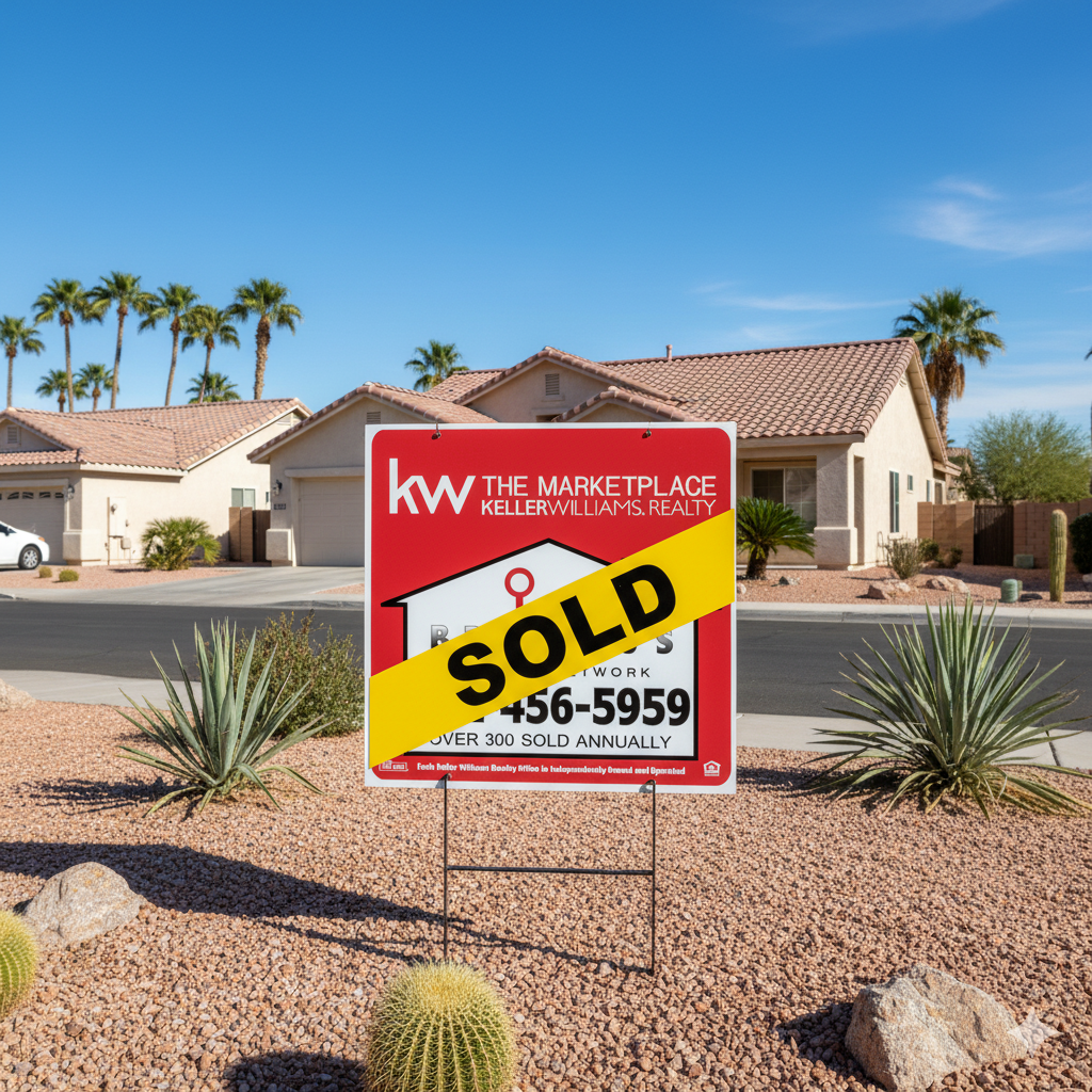 Close-up of a Keller Williams Realty 'For Sale' sign with a prominent 'SOLD' sticker, in front of a single-story stucco home in a sunny Las Vegas, Nevada neighborhood with palm trees in the background.
