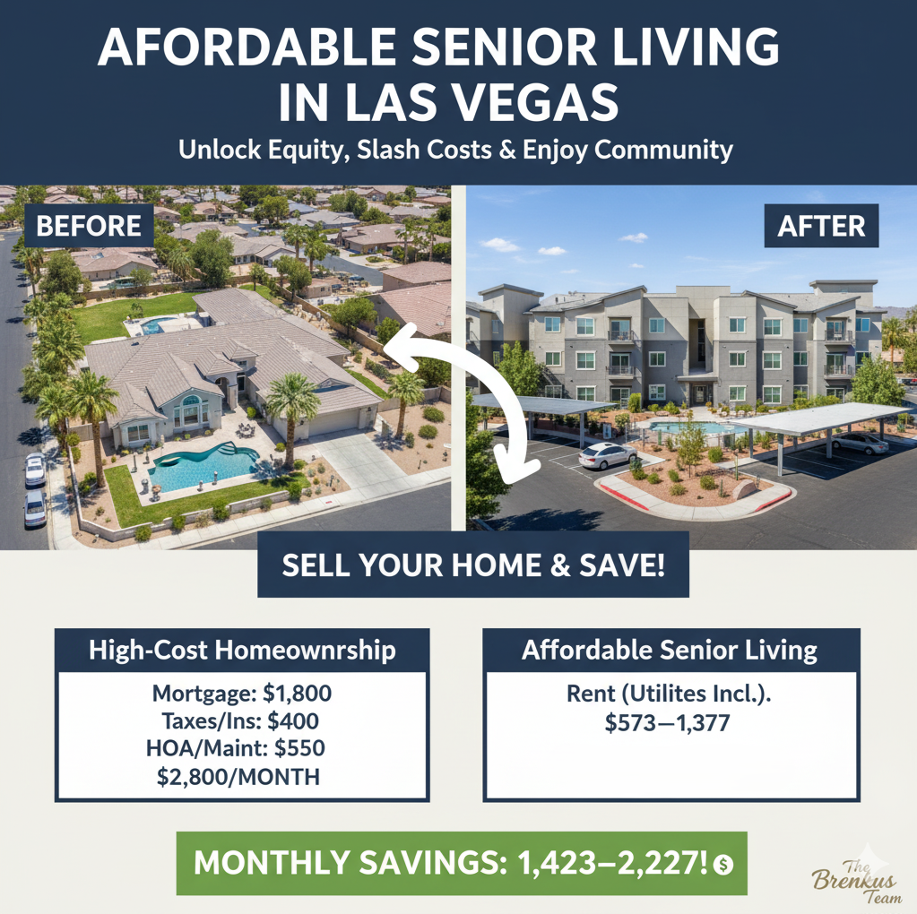 Comparison showing Las Vegas homeowner downsizing from high-cost single-family home to affordable 55+ senior apartment at Buffalo Cactus, saving over $1,400 per month on housing costs.
