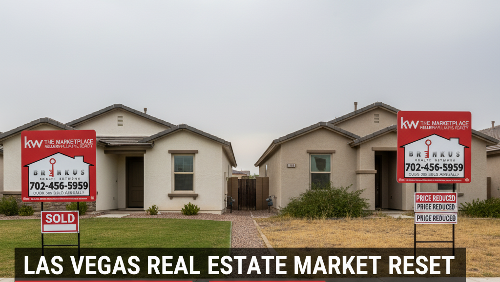 Two single-story Las Vegas homes with Keller Williams Realty “For Sale” signs—one marked “Sold” and another showing “Price Reduced,” representing the 2025 Las Vegas real estate market reset.