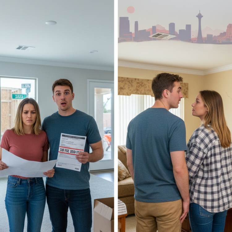 Concerned couple holding SID/LID paperwork in a new construction home, contrasted with the same couple in a furnished resale home.