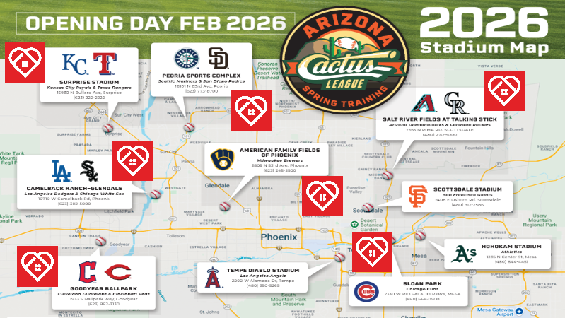 2026 Arizona Cactus League Stadium Map with team logos and stadium locations, highlighted by the HomeBright logo marking Alan Davis’s schedule.