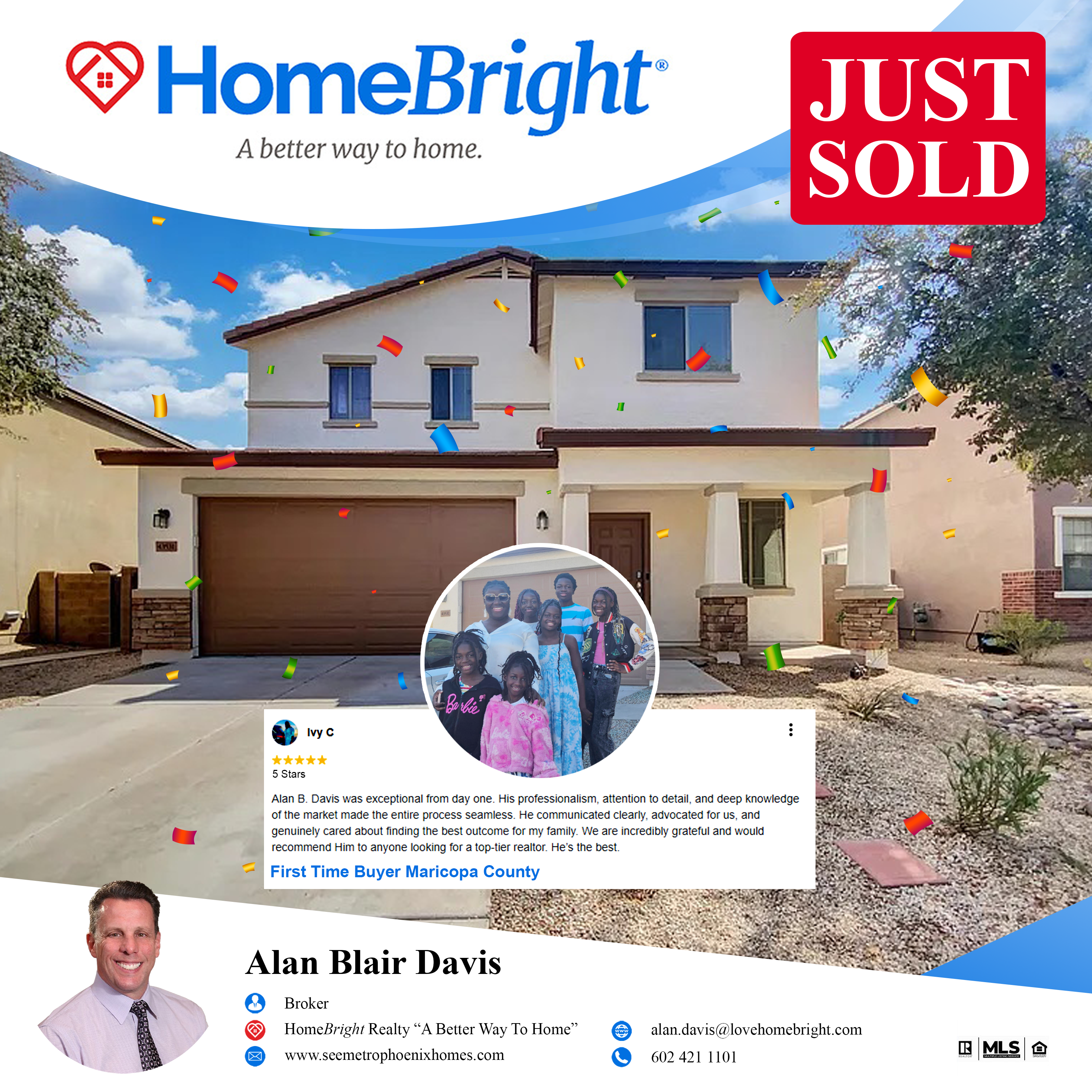 First‑time buyer Ivy celebrates her new home in Maricopa County with Alan Davis and HomeBright Realty, featured in a client success blog post.