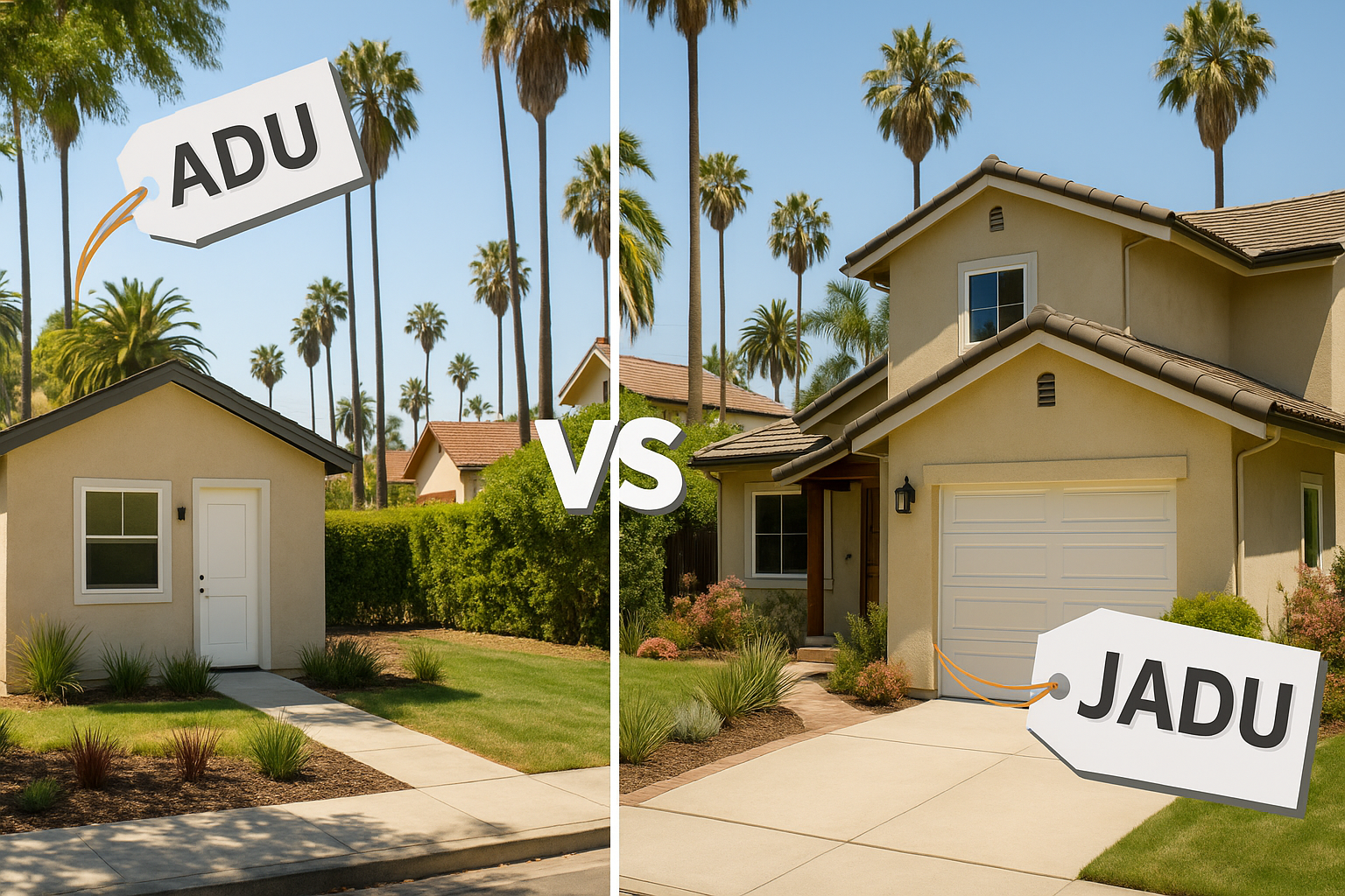 Visual comparison of ADU vs JADU in Los Angeles real estate — showing a standalone backyard accessory dwelling unit (ADU) beside a main home with an attached junior ADU (JADU) converted from a garage.