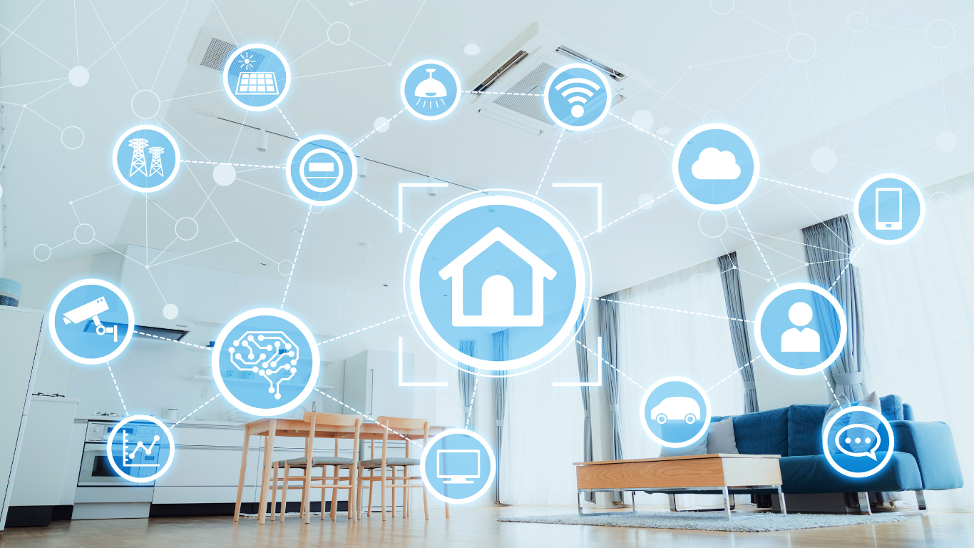 Smart home icons overlaying living space illustrating connected home technology, home automation, and modern property features.