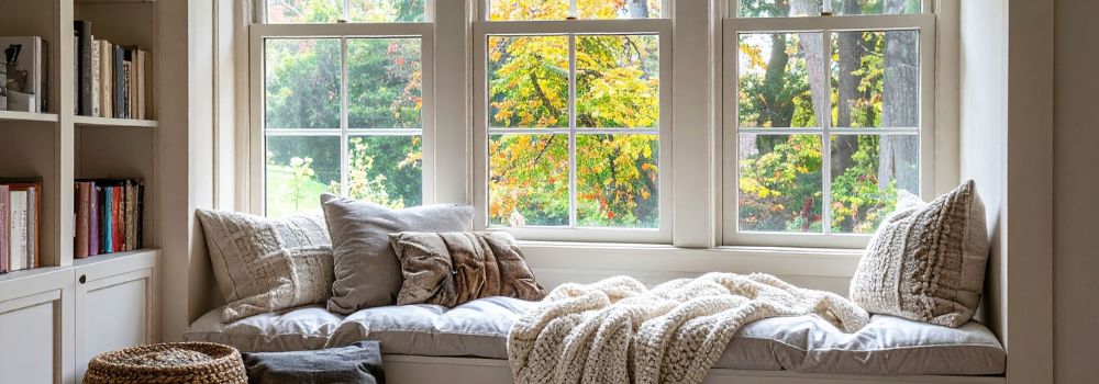 cozy bed with windows