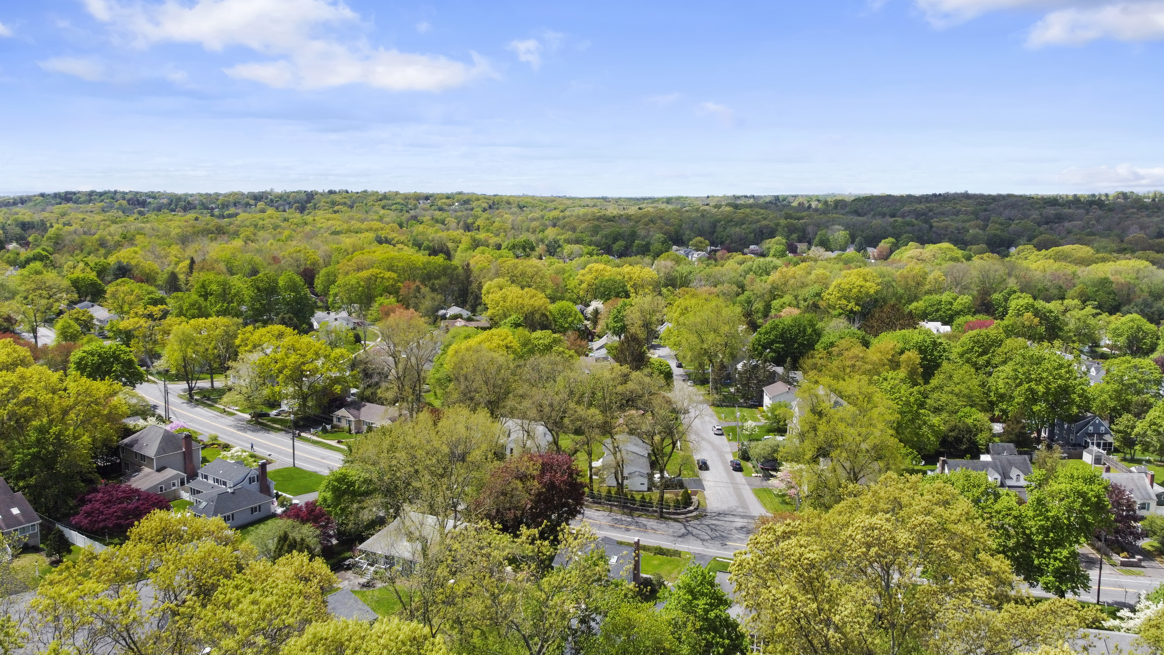 Aerial view of a tree-lined residential neighborhood near Fairfield University