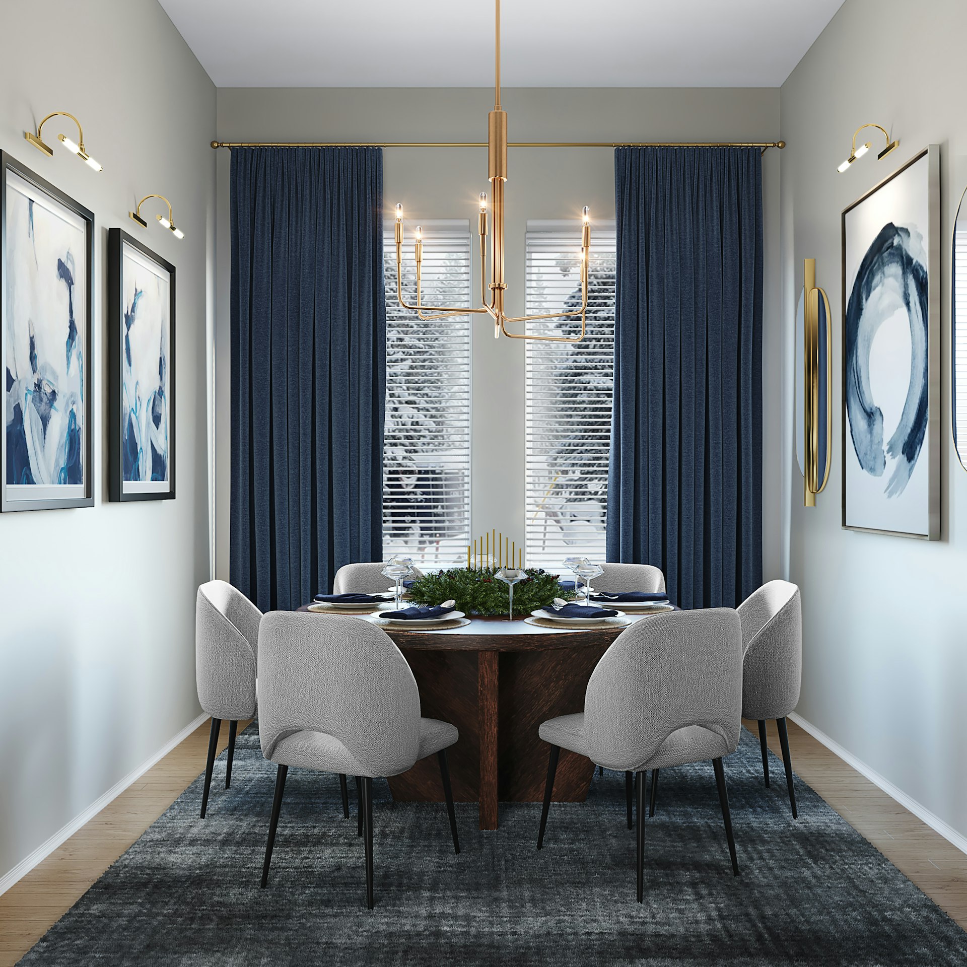 Formal dining nook with navy drapes, round table and upholstered chairs