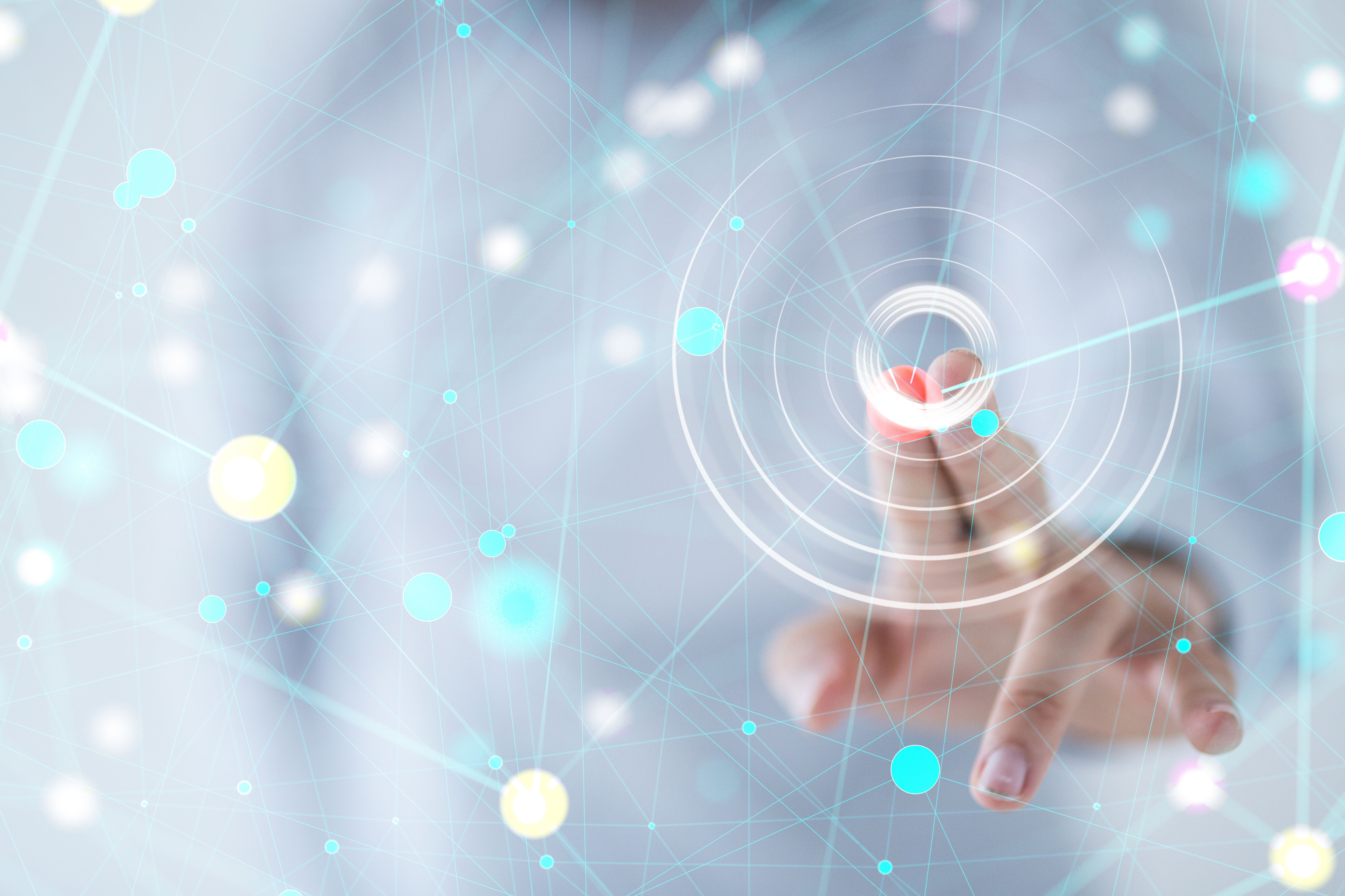 Abstract image of a fingertip touching a glowing digital data interface