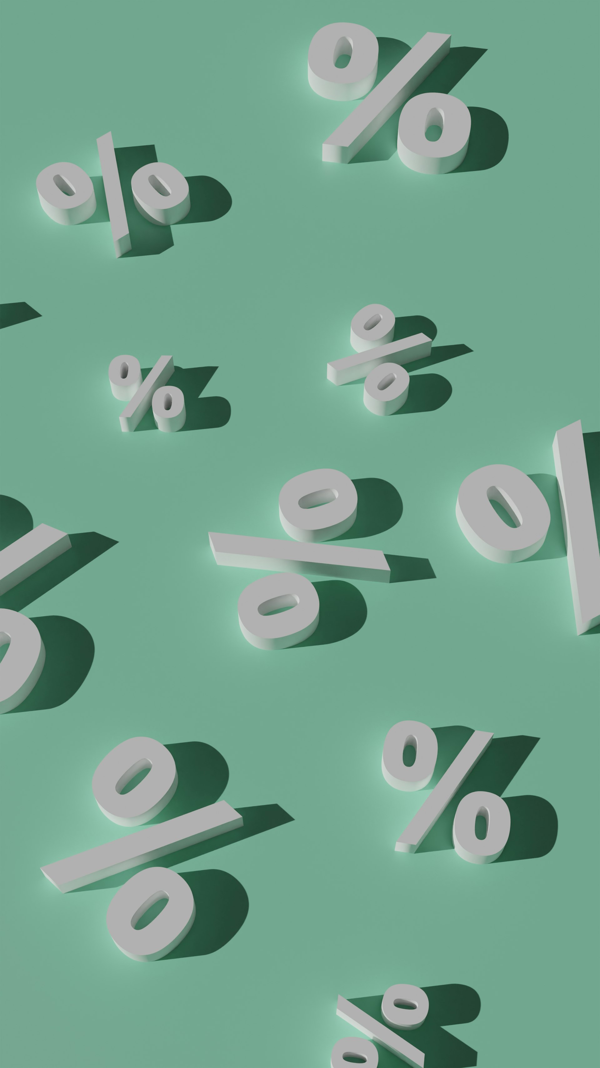 Three-dimensional percent symbols scattered on a green background