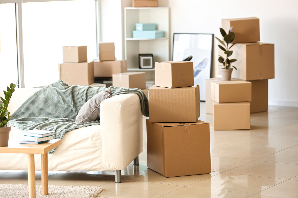 Moving boxes stacked in a bright living room beside a white sofa with a green throw blanket
