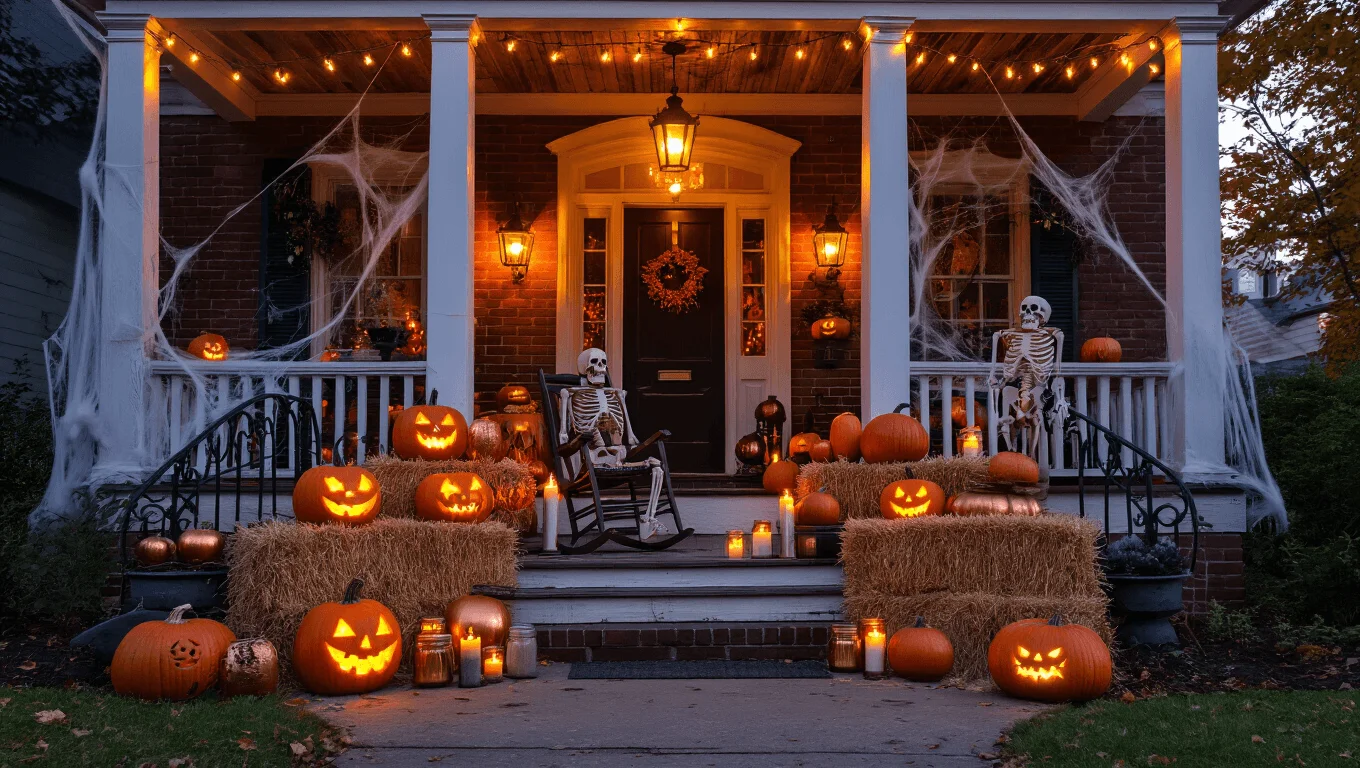 Front porch decorated for Halloween with carved jack-o’-lanterns, hay bales, skeletons, candles and string lights at dusk