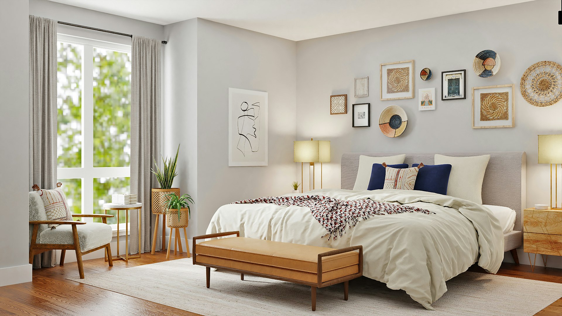 Bedroom with gallery wall, wooden bench and light linen bedding
