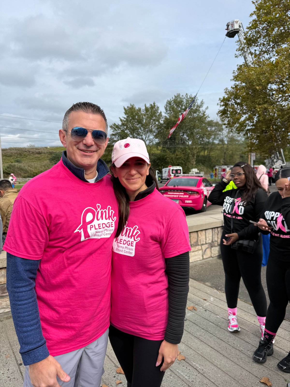 Shoshana Snyder in a Pink Pledge shirt with a fellow walker at Strides for Strength, Seaside Park, Bridgeport CT, October 4 2026
