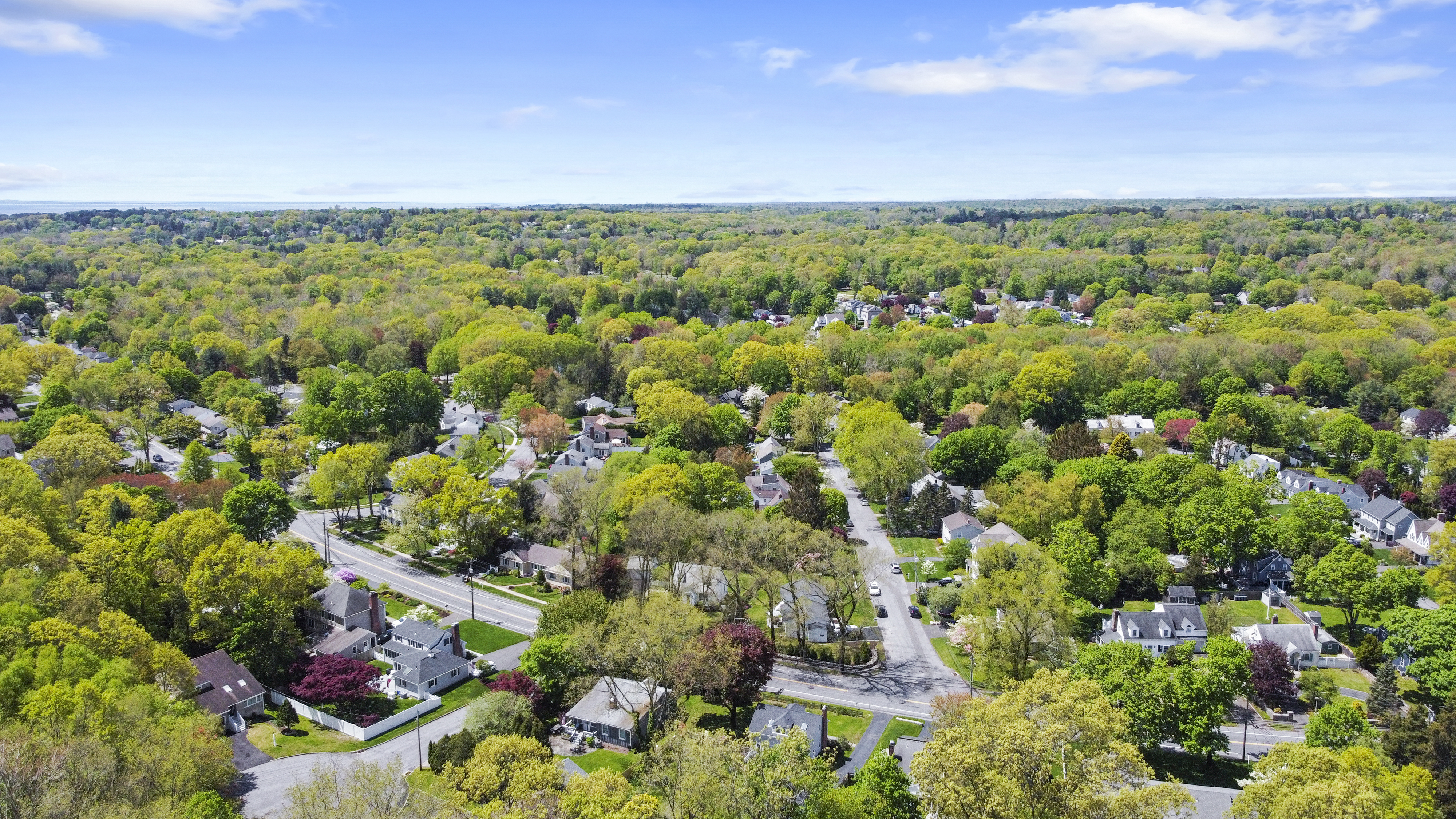 Aerial view of leafy Fairfield County neighborhoods stretching to the horizon