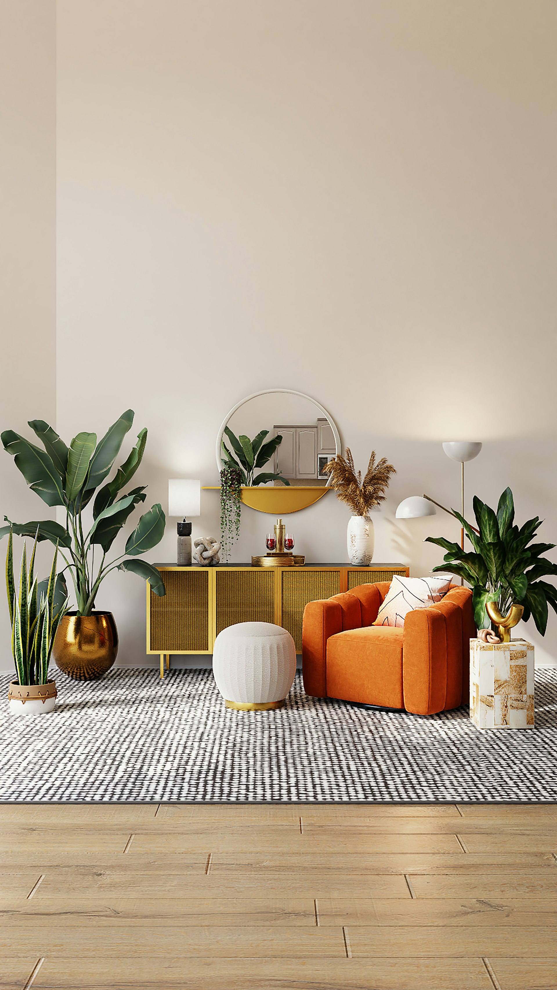 Styled living room with mustard sofa, round mirror and large houseplants