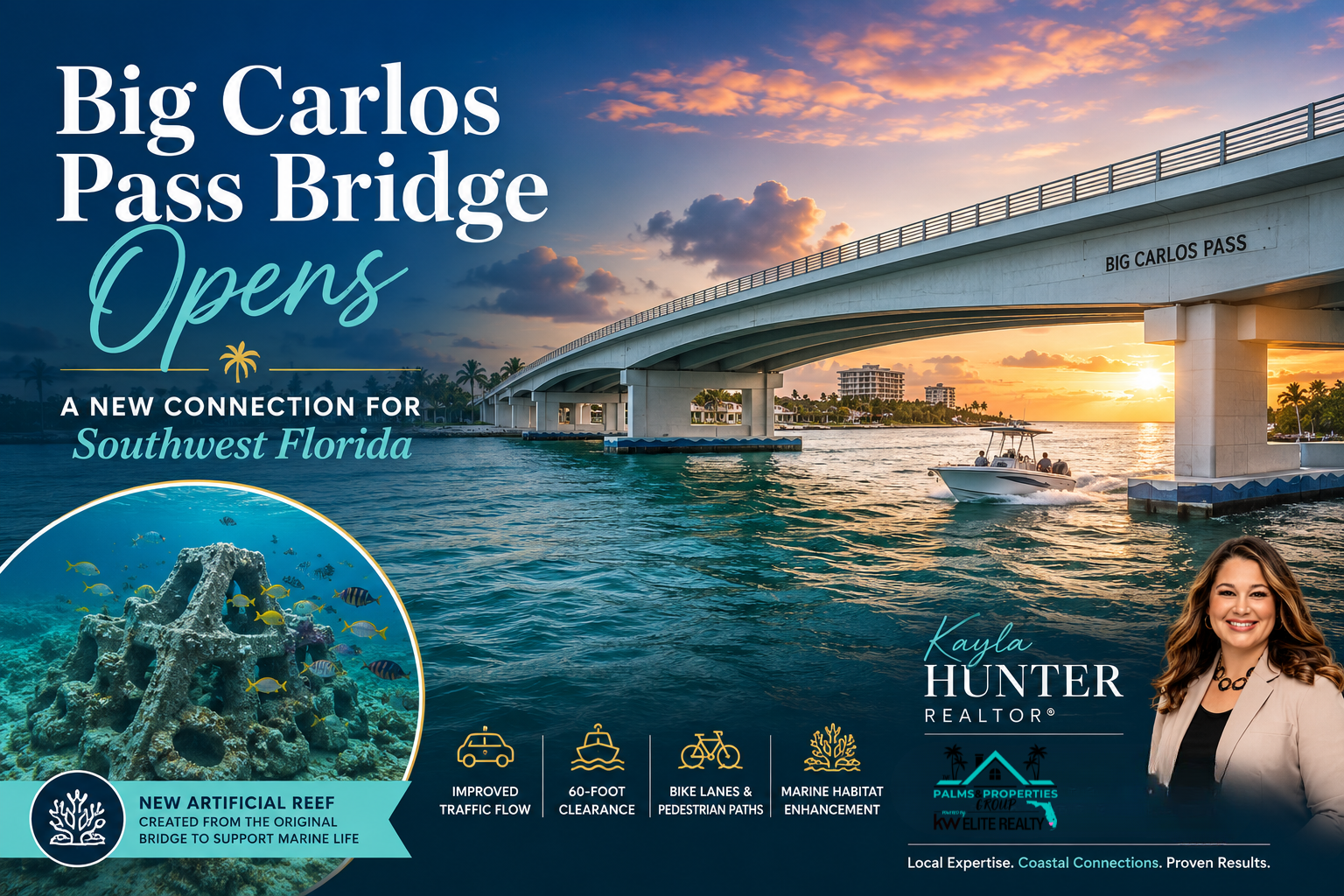 Big Carlos Pass Bridge officially opens in Southwest Florida, improving access between Bonita Springs and Fort Myers Beach while introducing a new artificial reef for marine habitat restoration.