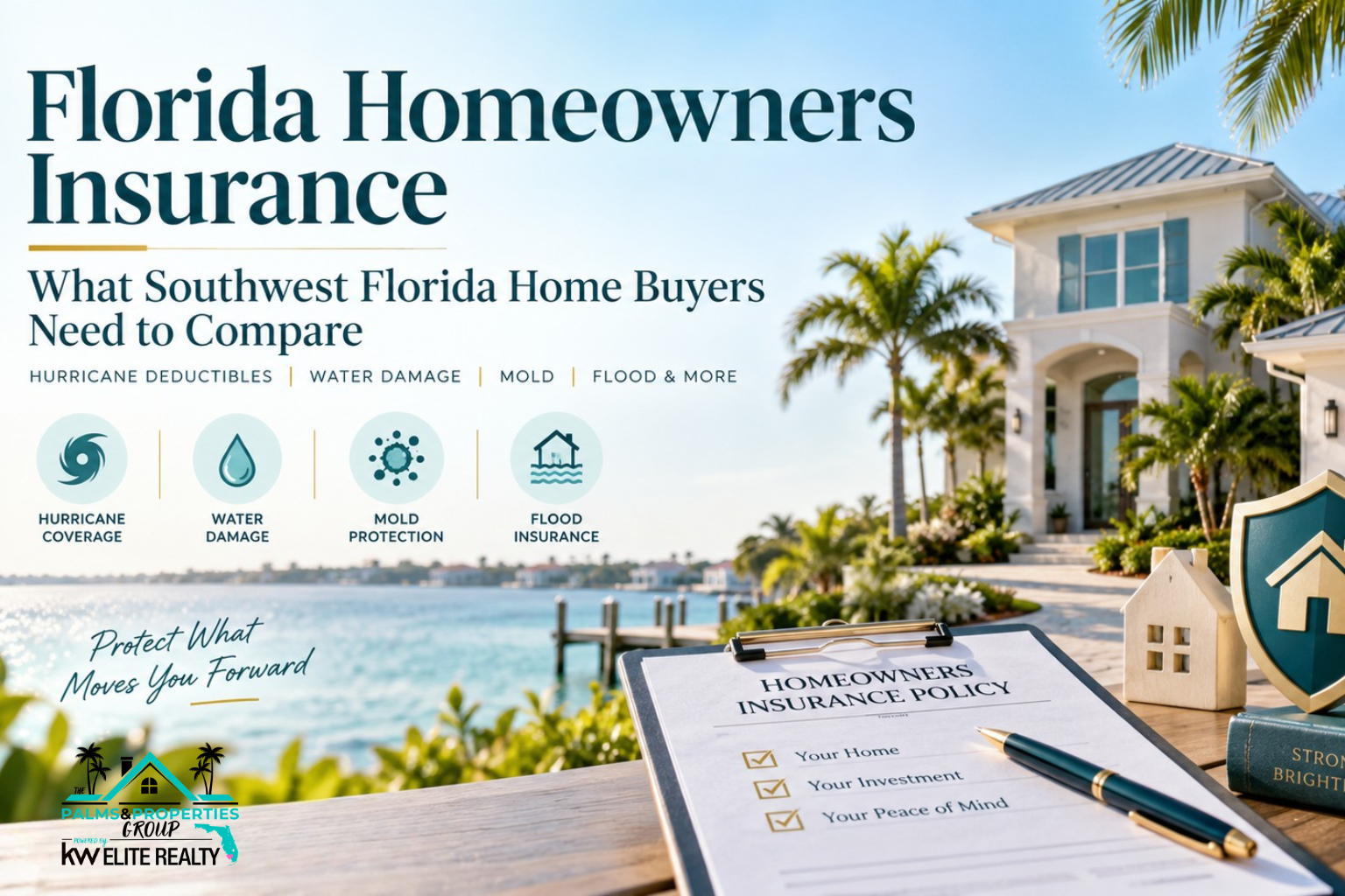 Southwest Florida home with homeowners insurance policy, hurricane, water damage, mold and flood coverage icons