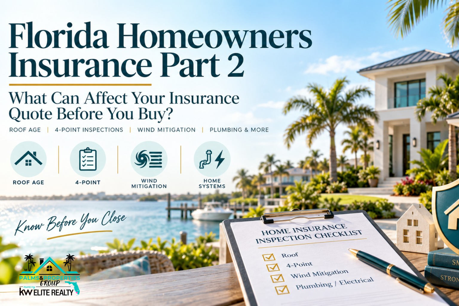 Florida home insurance inspection guide showing roof age, 4-point inspection, wind mitigation, and home systems for Southwest Florida buyers.