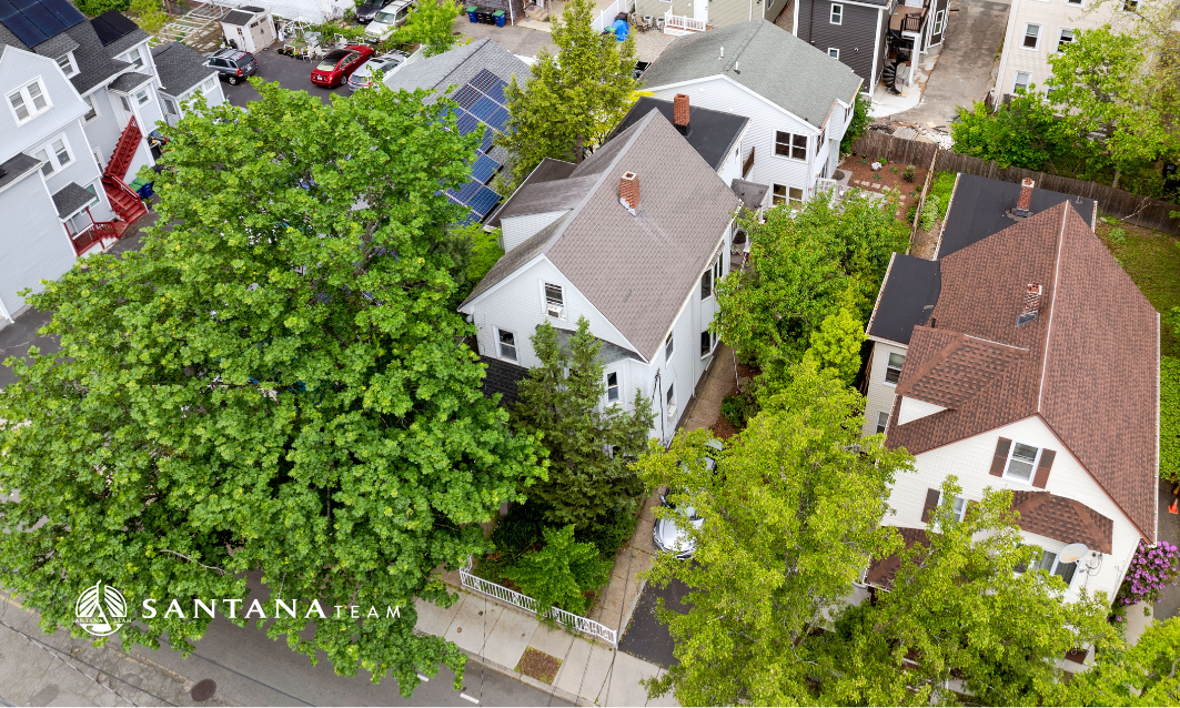 Aerial view of 19 Tufts Street in Somerville, MA – multi-family property sold by Santana Team in 14 days
