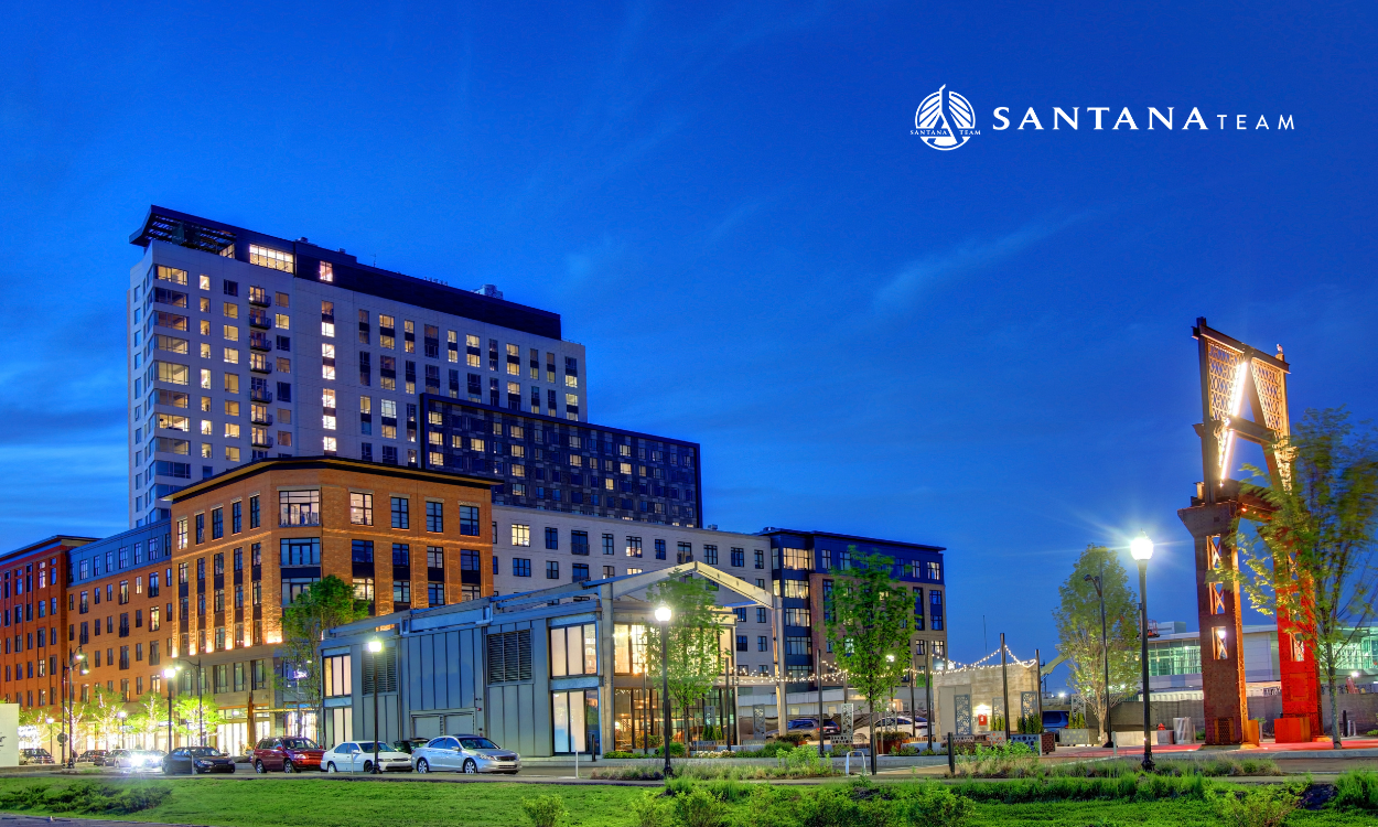Modern condo buildings in Assembly Row, Somerville MA, highlighting newer construction and mixed-use urban living