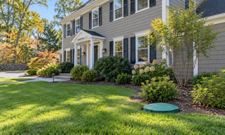 Underground propane tank access cover in the yard of a Massachusetts home