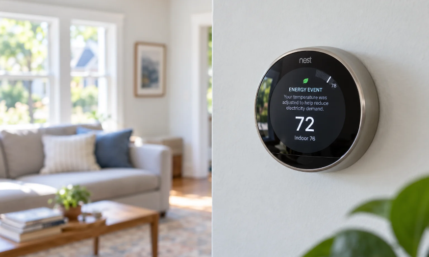 Smart thermostat on a Massachusetts home wall displaying an automated energy event temperature adjustment