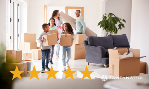 Happy family moving boxes with five star review overlay, showing strong client satisfaction in Greater Boston real estate