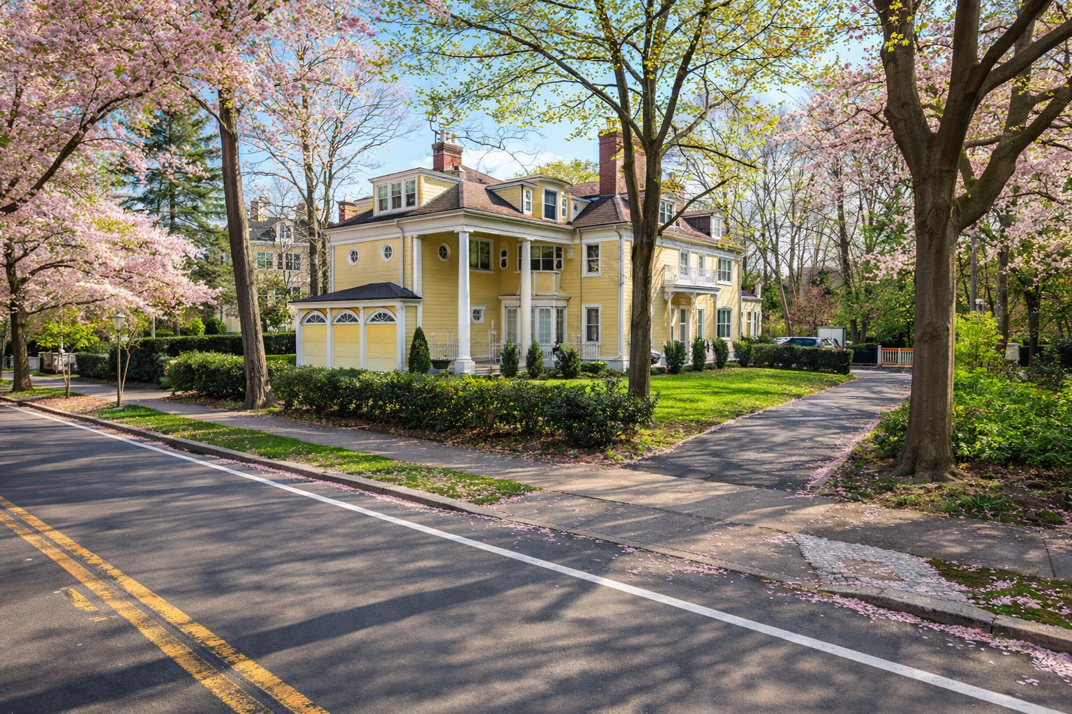 Colonial style homes on Brattle Street in Cambridge Massachusetts during spring, representing the high-end single-family real estate market