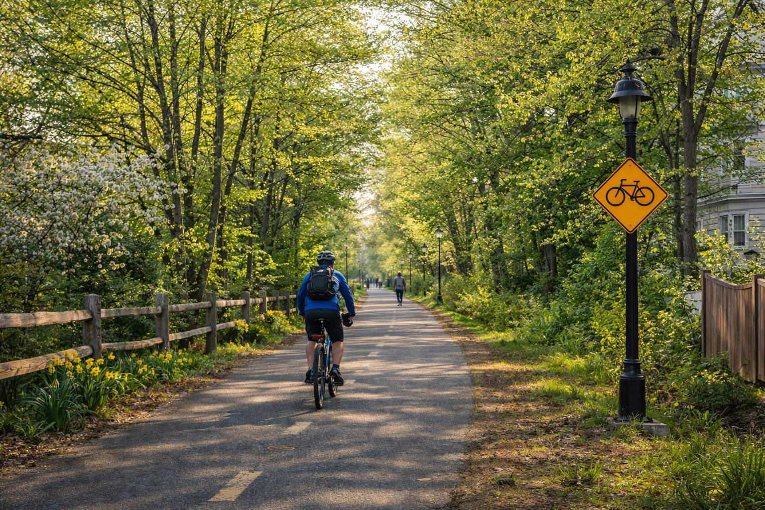Spring scene on the Minuteman Bikeway in Arlington with a cyclist riding along a tree-lined path and blooming greenery
