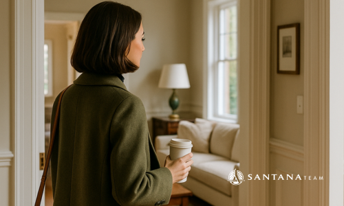 Woman in a stylish fall coat holding a coffee cup while entering a staged New England-style living room during an open house