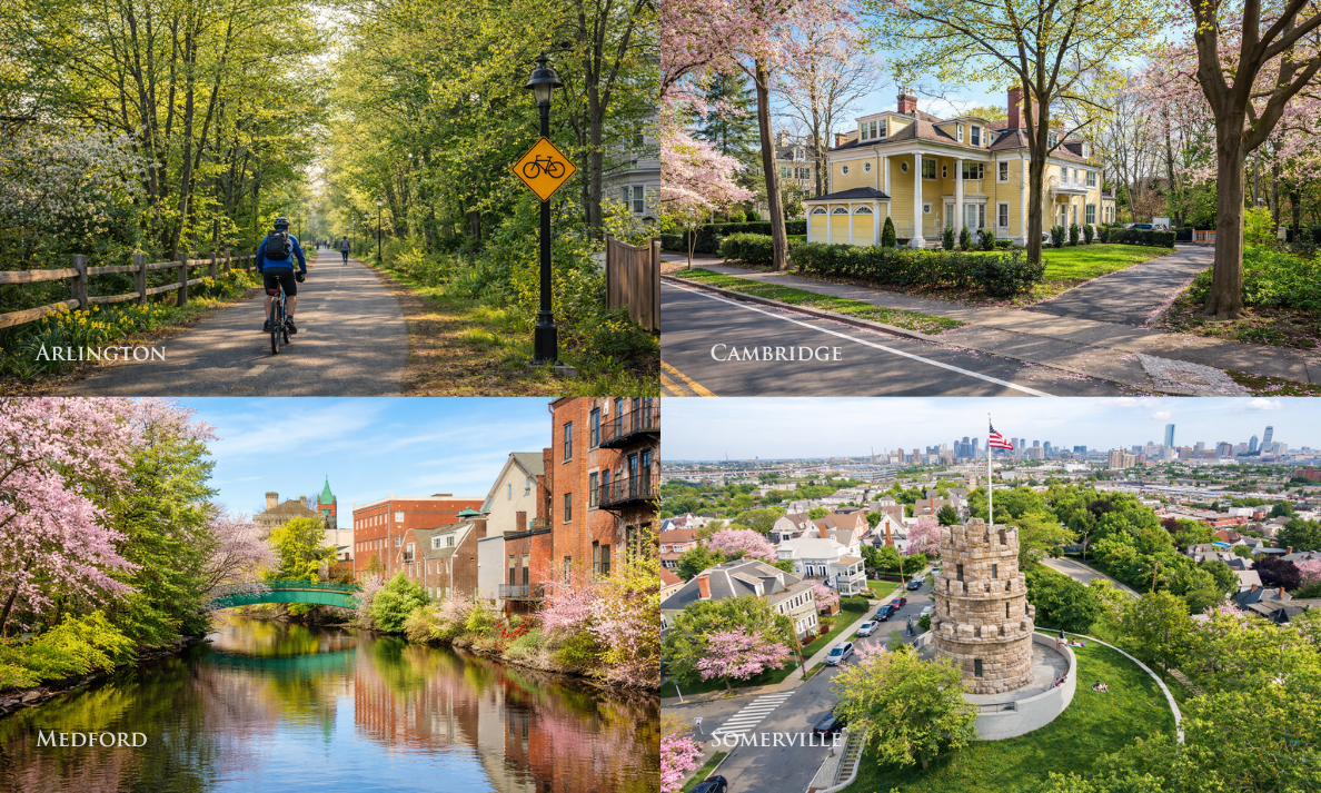 Spring images of Arlington, Cambridge, Somerville, and Medford Massachusetts showing local real estate market trends in 2026