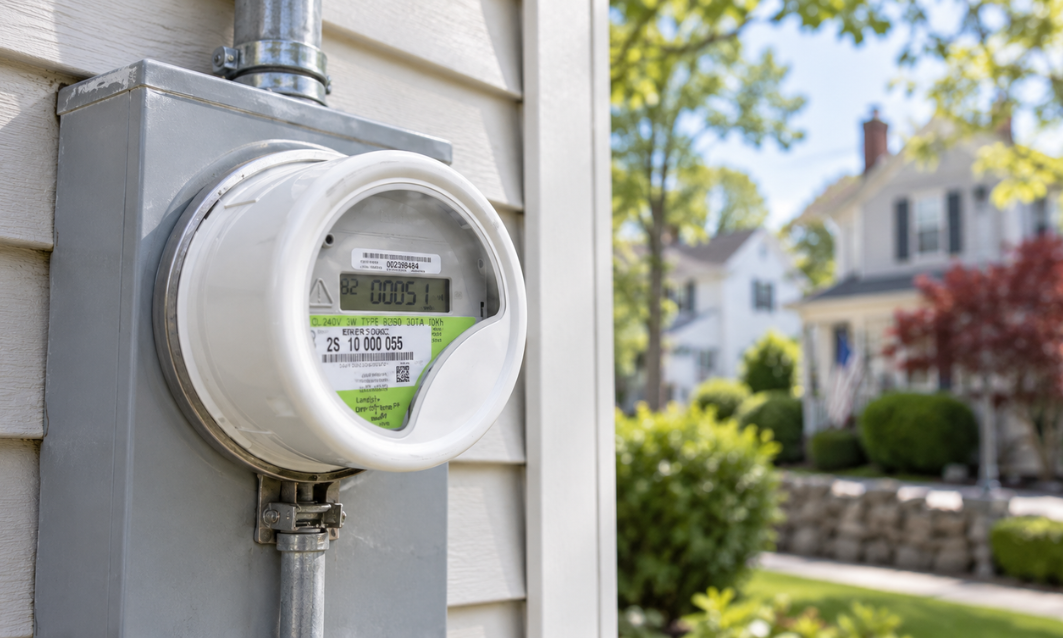 New electric smart meter installed on the exterior of a Greater Boston home