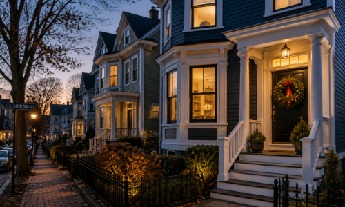 Greater Boston homes at dusk with warm window lights and a simple holiday wreath in late fall.