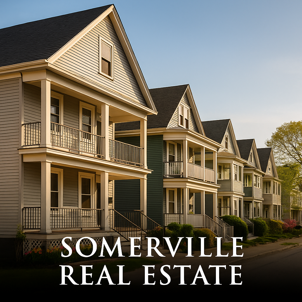 A row of classic red-brick houses on a tree-lined residential street in Somerville, Massachusetts, with a black fade at the bottom overlaying the words “Somerville Real Estate.”