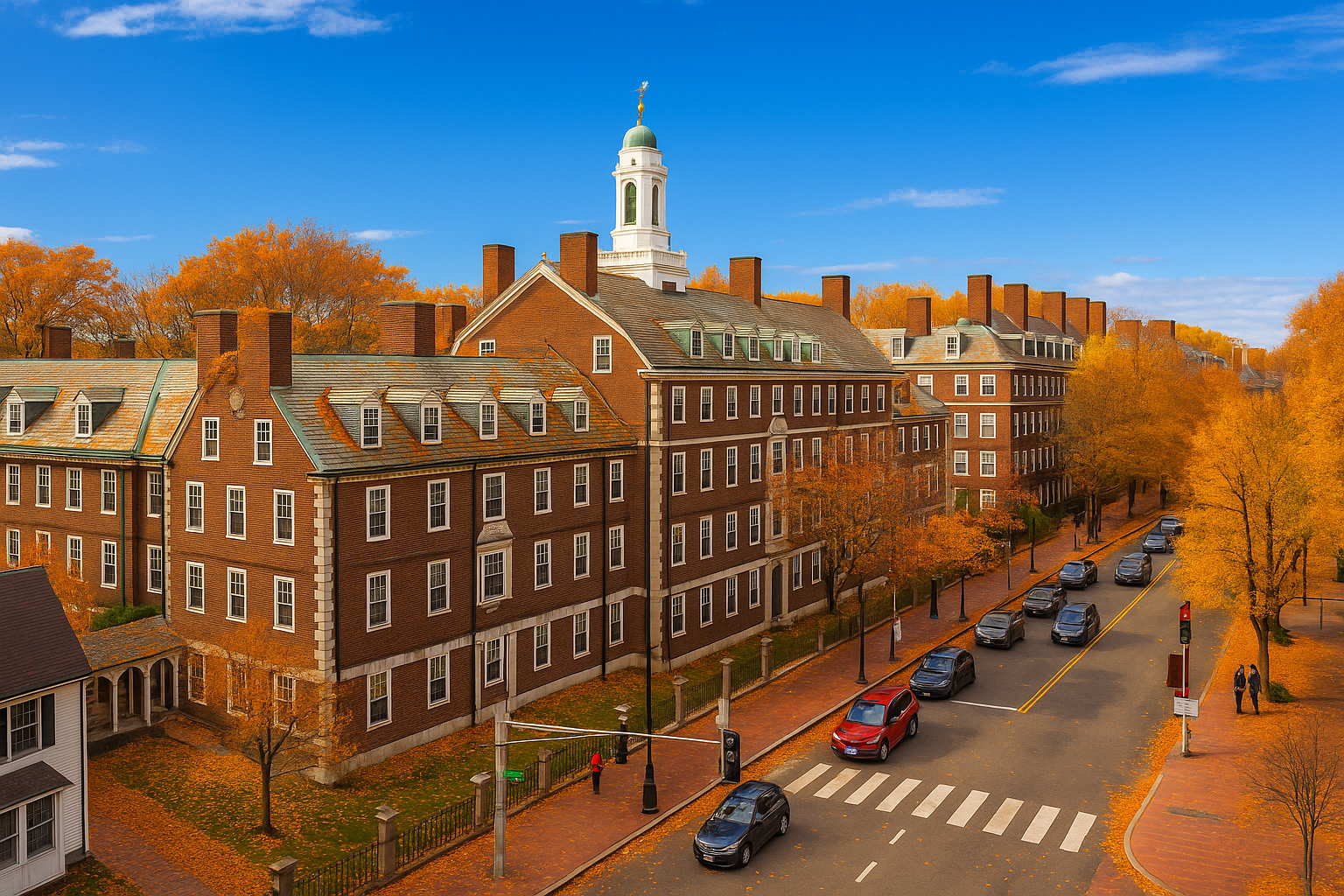 Cambridge MA fall scene with Harvard brick buildings, blue sky, and autumn trees.