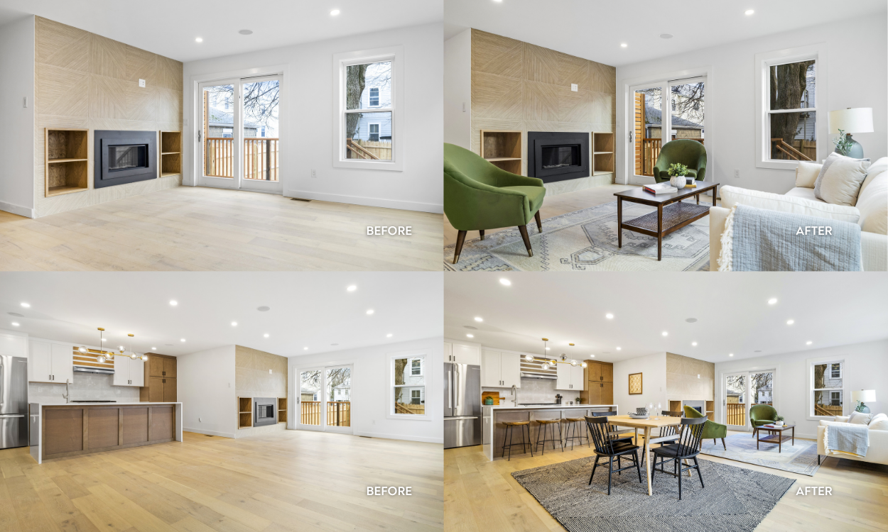 Before and after professional home staging in Arlington MA, showing an open-concept living room and kitchen transformation to increase home value.