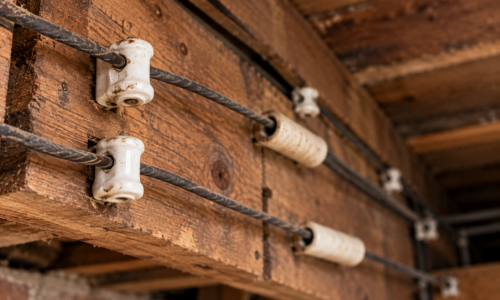 Close-up of vintage knob-and-tube electrical wiring with porcelain insulators on exposed wood framing in an older Greater Boston home