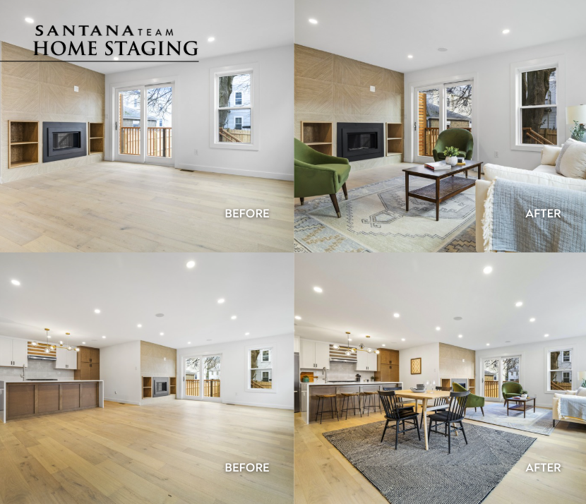 Before and after collage of a professionally staged living room and open kitchen in a Greater Boston home, showing how the Santana Team’s in-house staging adds furniture, texture, and layout to highlight space, flow, and natural light.