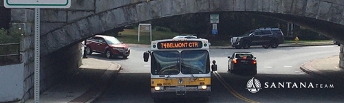 Belmont Center MBTA Bus going under bridge in Belmont MA