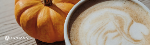 Pumpkin spice latte with latte art in a white mug, placed beside a small pumpkin on a wooden table