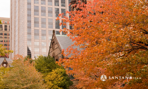 Boston skyline in the fall with colorful autumn trees in the foreground and historic buildings alongside modern skyscrapers
