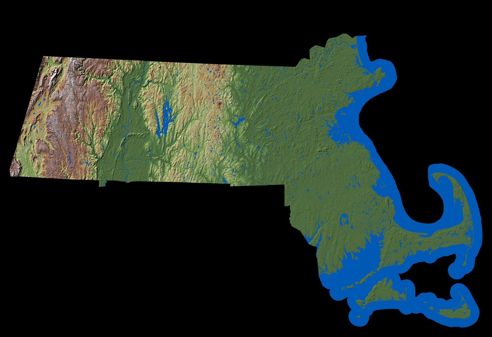Shaded relief map of Massachusetts showing the Berkshires in the west, Boston Harbor and Cape Cod in the east.