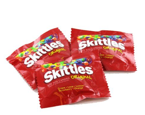 Skittles fun-size packets in red wrappers