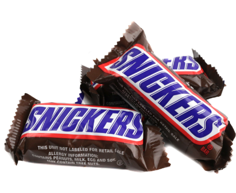 Mini Snickers bars in brown wrappers